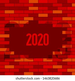 Red Brick Wall. Break Wall. Symbolically Changes the Year 2019 to 2020. Merry Christmas and Happy New Year 2020 Background, Template. Christmas Greeting Card. Vector Illustration.
