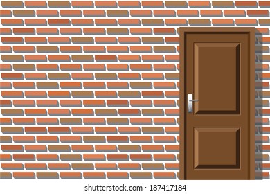 the Red brick wall and the brown closed door vector