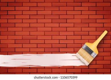Red brick wall and brush with paint line and space for text. Vintage Rural room and fashion interior. Grunge Industrial Texture. Background of home repair. Vector Illustration.