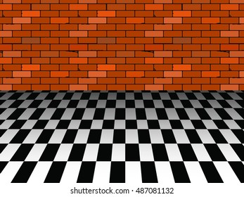Red brick wall and checkered floor background vector