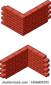 Red brick wall. The construction of the building. Materials to repair the corner of the house. Cartoon flat illustration. fence in isometric view. 