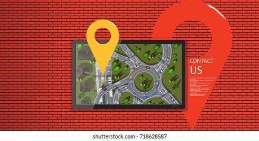 red brick wall with contact city map on display