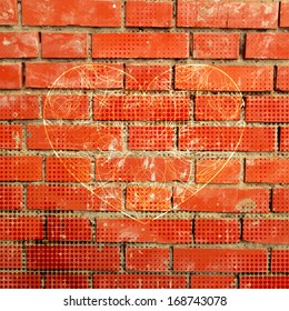 Red brick wall with dotted pattern and big lace-like heart stamp. Abstract grunge texture, vector illustration.