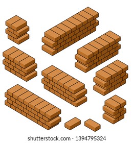 Red brick wall. Elements of the fence of different lengths. Construction of the building. Material for home repair. Floor platform and stone border