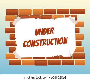 Red brick wall with empty white paper banner. Under construction. Vector flat cartoon illustration