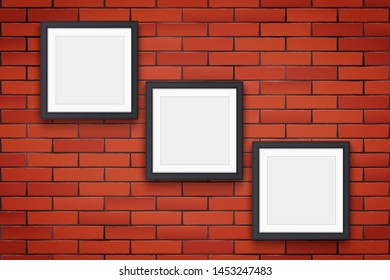 Red brick wall with four modern square picture frames. Interior Mockup black frame for photography image and advertising. Poster Closeup view. Vector Illustration.