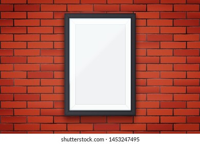 Red brick wall with four modern square picture frames. Interior Mockup black frame for photography image and advertising. Poster Closeup view. Vector Illustration.