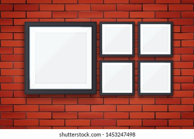 Red brick wall with four modern square picture frames. Interior Mockup black frame for photography image and advertising. Poster Closeup view. Vector Illustration.