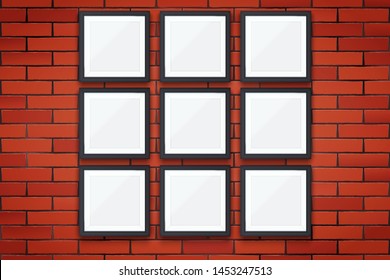 Red brick wall with four modern square picture frames. Interior Mockup black frame for photography image and advertising. Poster Closeup view. Vector Illustration.