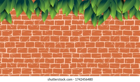 Red brick wall with green leaves pattern for tool shop, DIY store, garden center or plant owner promo, decoration, web site. Old ancient or aged rectangle bricks for poster on house facade decoration