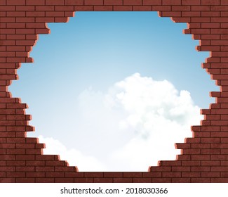 Muro de ladrillo rojo con agujero y cielo con nubes en el fondo. Ilustración del vector