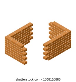 Red brick wall of a house in isometric view. Scheme construction corner of the building. Material for repair. The fence and the barrier.