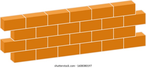 Red brick wall of a house in isometric view. Scheme construction of the building. Material for repair. Fence and the barrier.