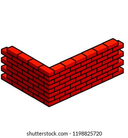Red brick wall in isometric view. Building construction. Materials for fence repair. Cartoon flat illustration