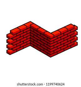 Red brick wall in isometric view. Building construction. Materials for fence repair. Cartoon flat illustration