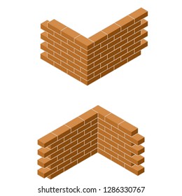 Red Brick Wall In Isometric View. Construction Of The Building. The Corner Of A Low Fence. A Set Of Materials For Repair From Different Sides.