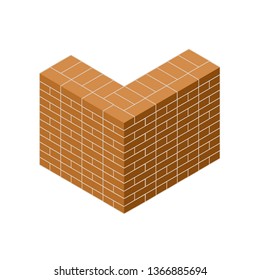 Red brick wall in isometric view. Construction of the building. The corner of a high fence. Materials for repair. Cartoon illustration