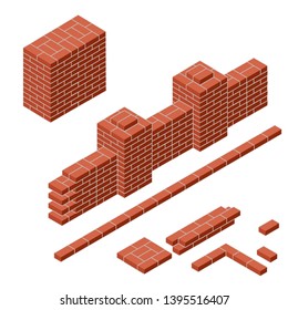 Red brick wall in isometric view. Construction of buildings. Fence with a tower in the corner. The barrier and the curb stone. Material for repair. border of territory