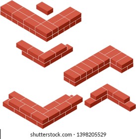 Red brick wall in isometric view. Construction of the building. The corner of a low fence. A set of materials for repair from different sides. Cartoon illustration