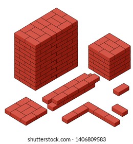 Red brick wall in isometric view. Construction of buildings. Fence with a tower in the corner. The barrier and the curb stone. border of territory. Material for repair. 