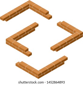 Red brick wall in isometric view. Construction of the building. A set of materials for repair from different sides. Cartoon illustration. Corner of low fence
