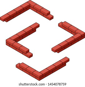 Red brick wall in isometric view. Construction of the building. A set of materials for repair from different sides. Cartoon illustration. Corner of low fence