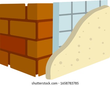 Red brick wall in isometry with layers of plaster and insulation. Scheme of applying blue and yellow layer. Material for home repair. Construction of buildings