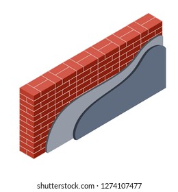 Red brick wall with layers of insulation and finishing. Siding the fence of the house in isometric view. Scheme of construction of the building.