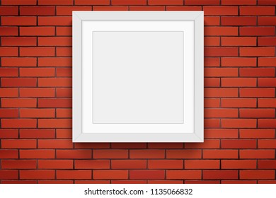 Red brick wall with modern square picture frame. Mockup white frame for image and advertising. Poster Closeup view. Vector Illustration.