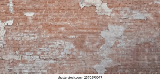 Red brick wall texture, old brick wall with peeled paint and  plaster, ruins, damaged, realistic vector illustration