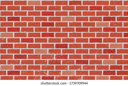 Red brick wall texture with splatter and blots for grunge background. Vector illustration of wall with bricks of various shades and shapes. 