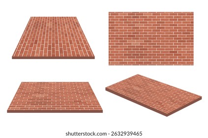 Red Brick wall texture top view and perspective. Vintage Textured Background. Vector illustration
