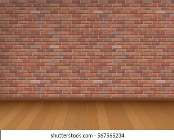 Red brick wall and wooden floor, architectural background. Vector illustration of interior.