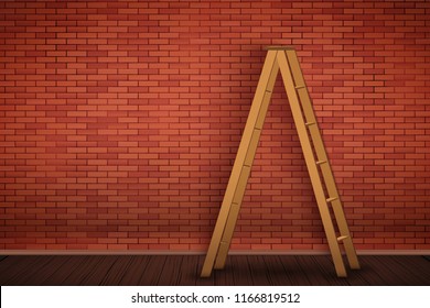 Red Brick Wall With Wooden Ladder. The Concept Of An Interior Ready For Repair And Painting Walls. Vector Illustration.