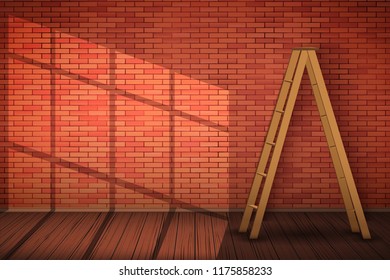 Red Brick Wall With Wooden Ladder And Sunlight. The Concept Of An Interior Ready For Repair And Painting Walls. Vector Illustration.