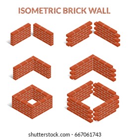 Red brick walls of the house, with cement mortar. Angular laying. Set of isometric icons. 3D. Vector illustration.