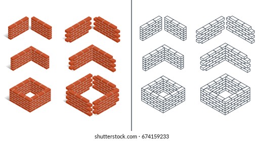 Red brick walls of the house, with cement mortar. Angular laying. Set of isometric icons, colorful and outlined. 3D. Vector illustration.