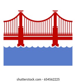 Red Bridge Icon over River. Vector