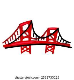 Puente rojo aislado sobre fondo blanco. Puerta dorada. Símbolo de los Estados Unidos