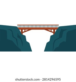 Red bridge spanning deep canyon between rocky cliffs in minimalist illustration style