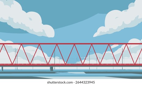 Red bridge spans river under cloudy sky landscape scenic drawing
