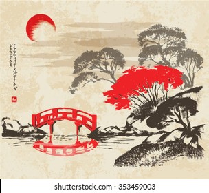 The red bridge through the river and the autumn forest. Picture in traditional japanese sumi-e style on vintage watercolor background. Vector illustration. Hieroglyph "harmony".