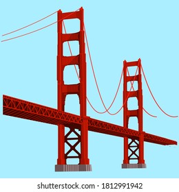 Red bridge vector illustration isolated on blue background. Architecture construction clip art