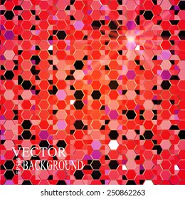 Red bright abstract mosaic background. Hexagons pattern. Retro design.