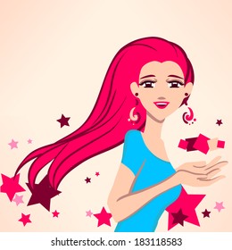 Red bright background with girl and stars. Girl holds something on her hands.