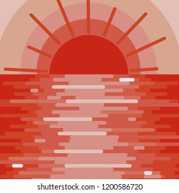 Red bright background, landscape with sunset on the water