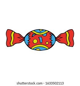 Red bright candy in a wrapper. Horizontal view. Vector hand drawing. Isolated object on a white background. Isolate.