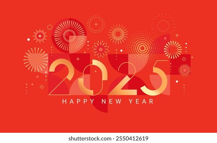 Red bright card for celebrating 2025 New Year. Banner for event with abstract golden fireworks and golden numbers on background with geometric pattern.Template for poster,flyer,web.Vector illustration