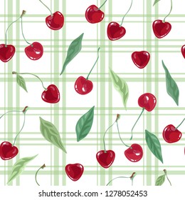 Red bright cherries on a white background. Seamless vector pattern, retro textile print