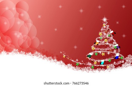 red bright christmas background with christmas balls with snowflakes and christmas tree